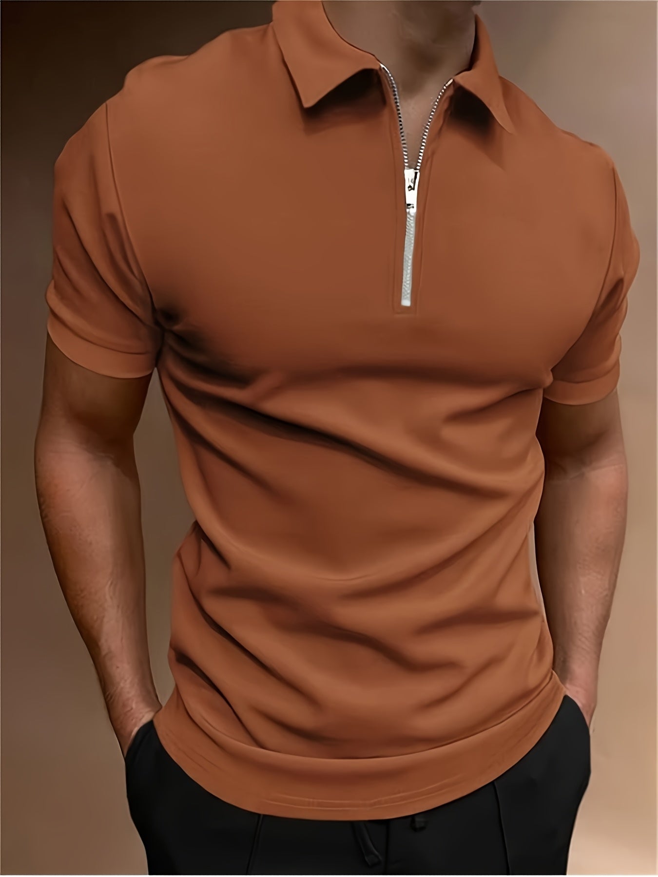 Casual Stretch Men's Solid Color Zipper Lapel Golf Shirt, Male Summer Streetwear