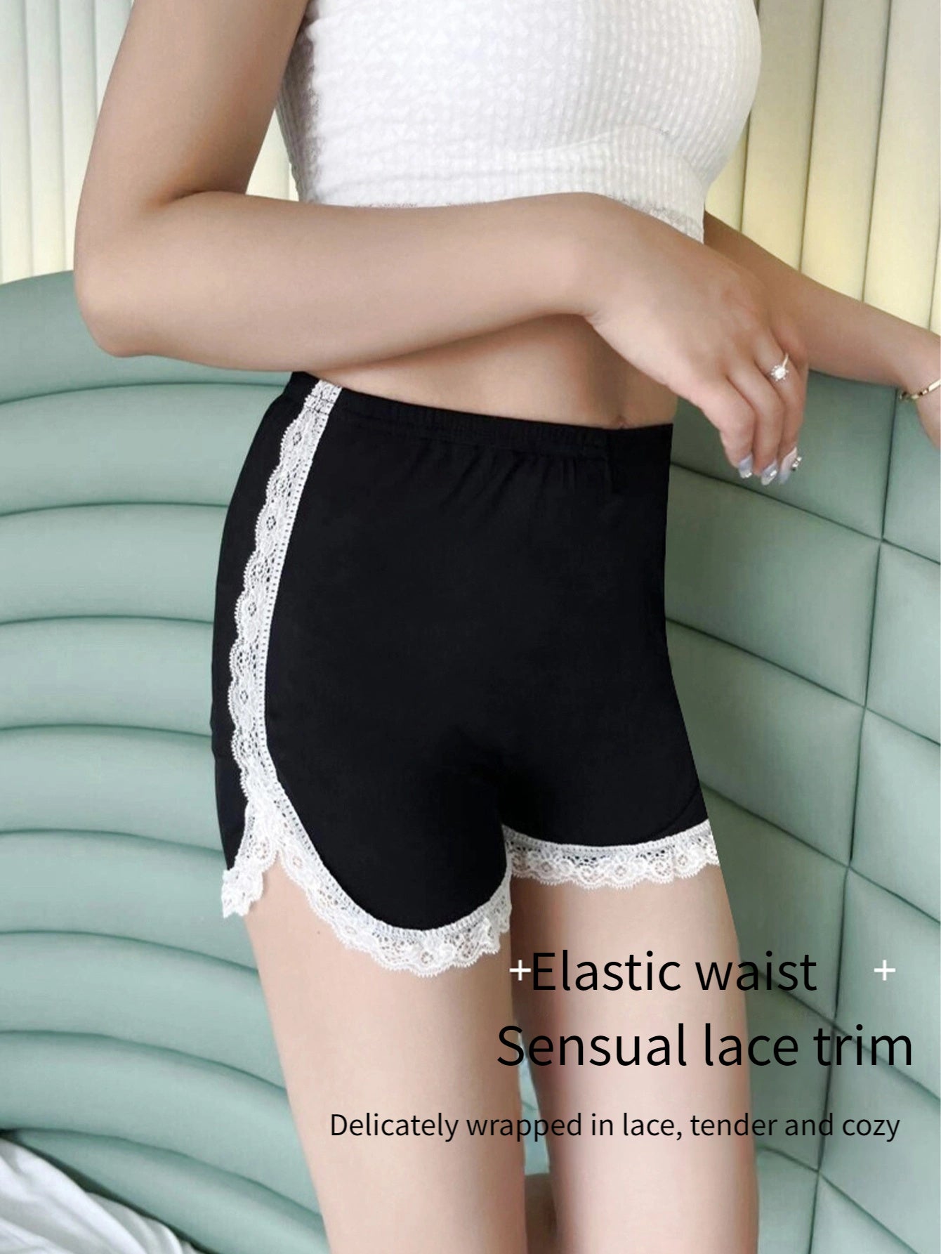 Women's High-Elasticity Safety Shorts - Breathable, Seamless, No-Show with Lace Trim, Black and White, Stretchy Fabric, Ideal for Summer Casual Wear, High Waisted Shorts