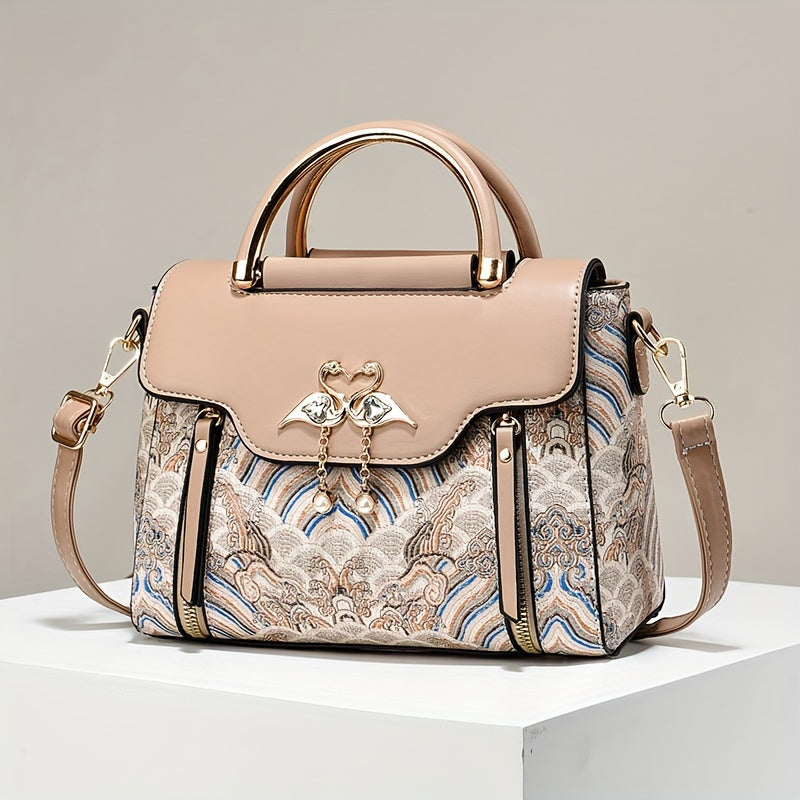 Elegant Floral Embroidered Handbag for Women - Adjustable Strap, Zipper Closure, Polyester Lining, Black & White Floral Pattern, Perfect Gift for Mom Or Family, Small Crossbody Purse, Stylish Accessory, Durable Construction
