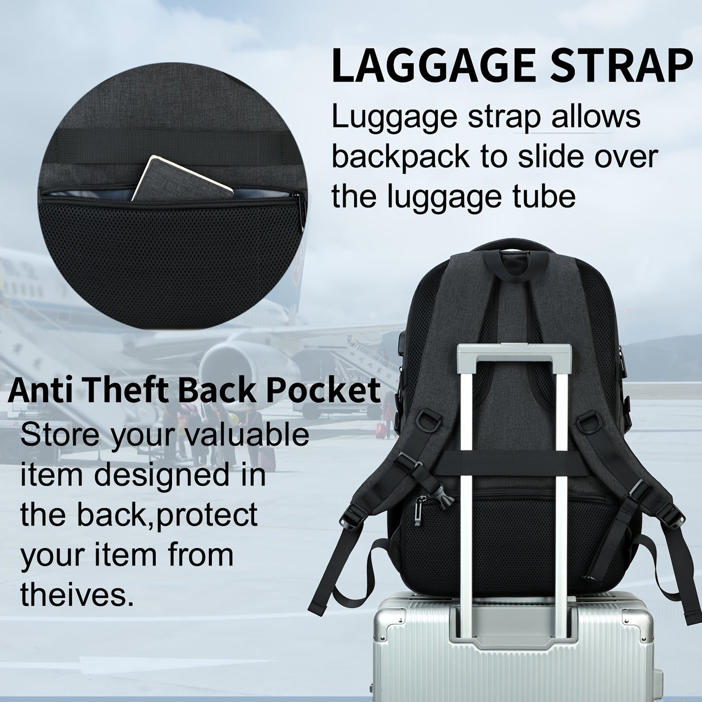 Travel Laptop Backpack, Business Slim Durable Laptop Backpack With USB Charging Port And Trolley Cover, Male And Female College High School Laptop Bag For 15.6 Inch Laptop