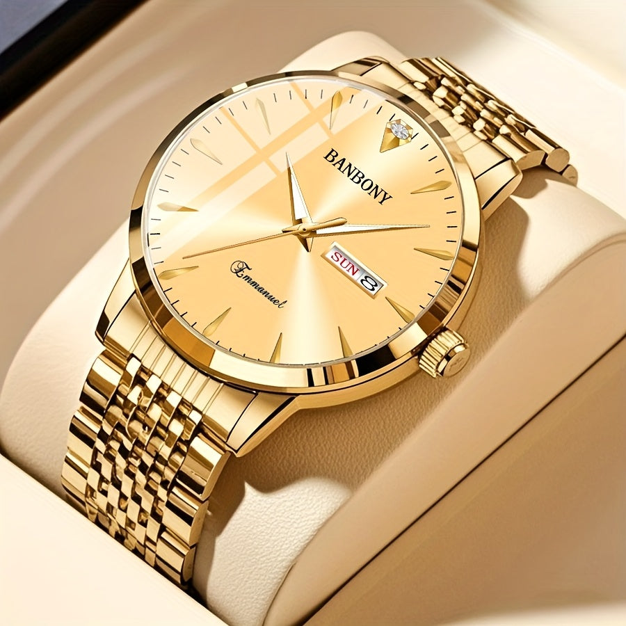 Banbony Unisex Stainless Steel Quartz Watch with Rhinestone Accents, Water-Resistant IPX7, Sleek HD Dial, Date Display, Golden-Tone Finish - Ideal for Casual Wear, Parties, and Gifts