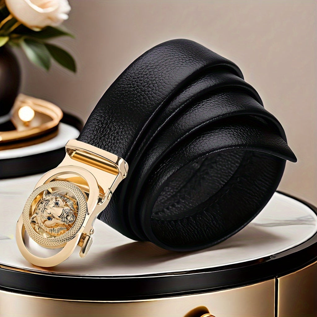 1pc Men'S Automatic Buckle Faux Leather Belt - Elegant Black Business Style with Golden-Tone Buckle, Perfect for Weddings, Business, and Casual Wear - Ideal Gift for Husband or Dad, Formal Belt | Sophisticated Belt | Durable