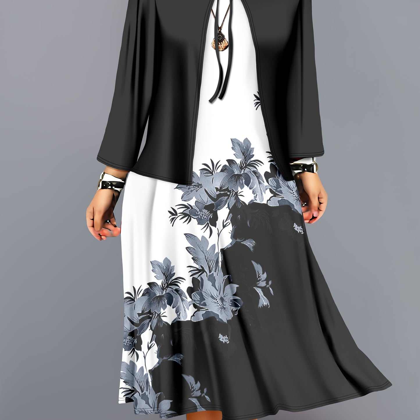 Fashion Women's solid color small cardigan and floral print patchwork dress two-piece set