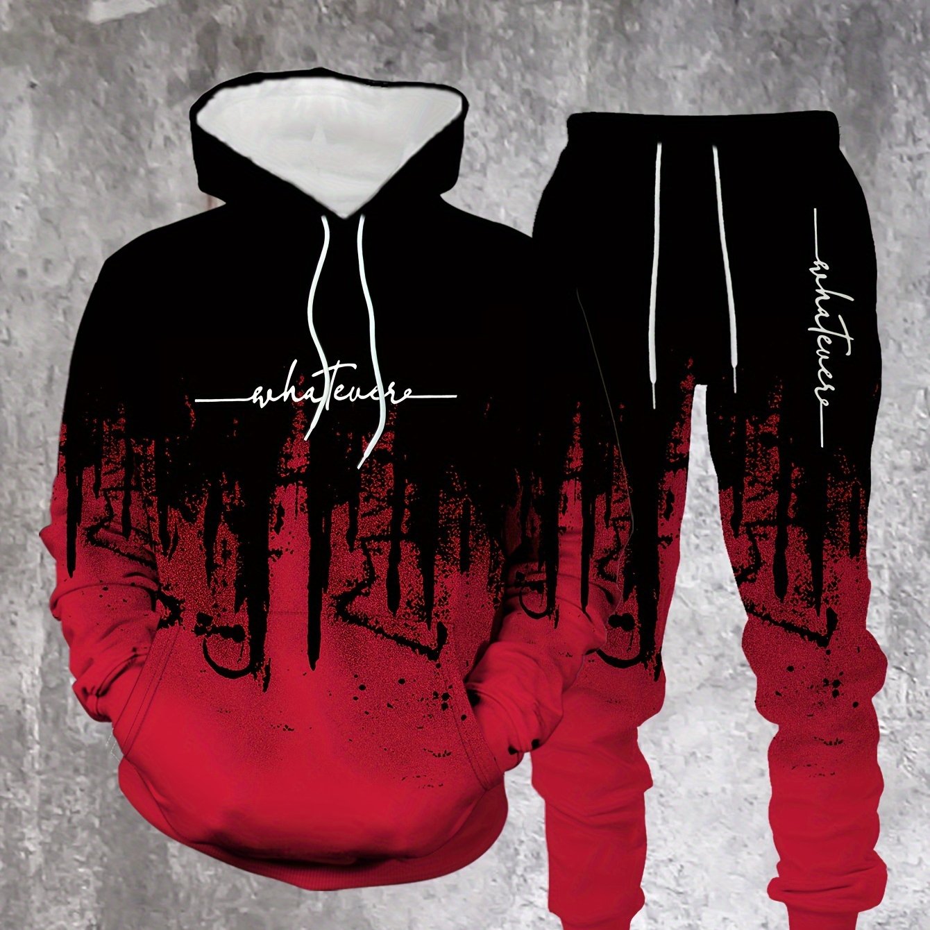 Men's Casual Hoodie & Sweatpants Set - Black & Red Contrast, Letter Print Design, Comfort Fit for Spring/Fall