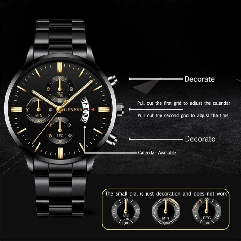 Men'S Luxury Black Stainless Steel Quartz Watch with a Date Feature, Ideal for Business Occasions.