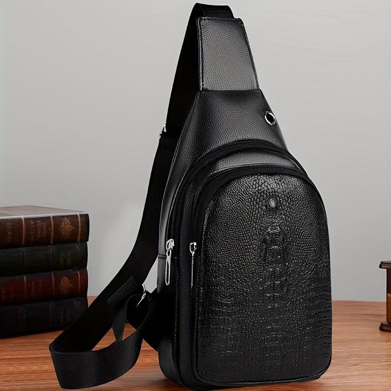 Men's Stylish Black PU Leather Sling Bag - Large Capacity Lightweight Crossbody Chest Pack with Embossed Design & External Earphone Hole for Casual Outings, Crossbody Bag