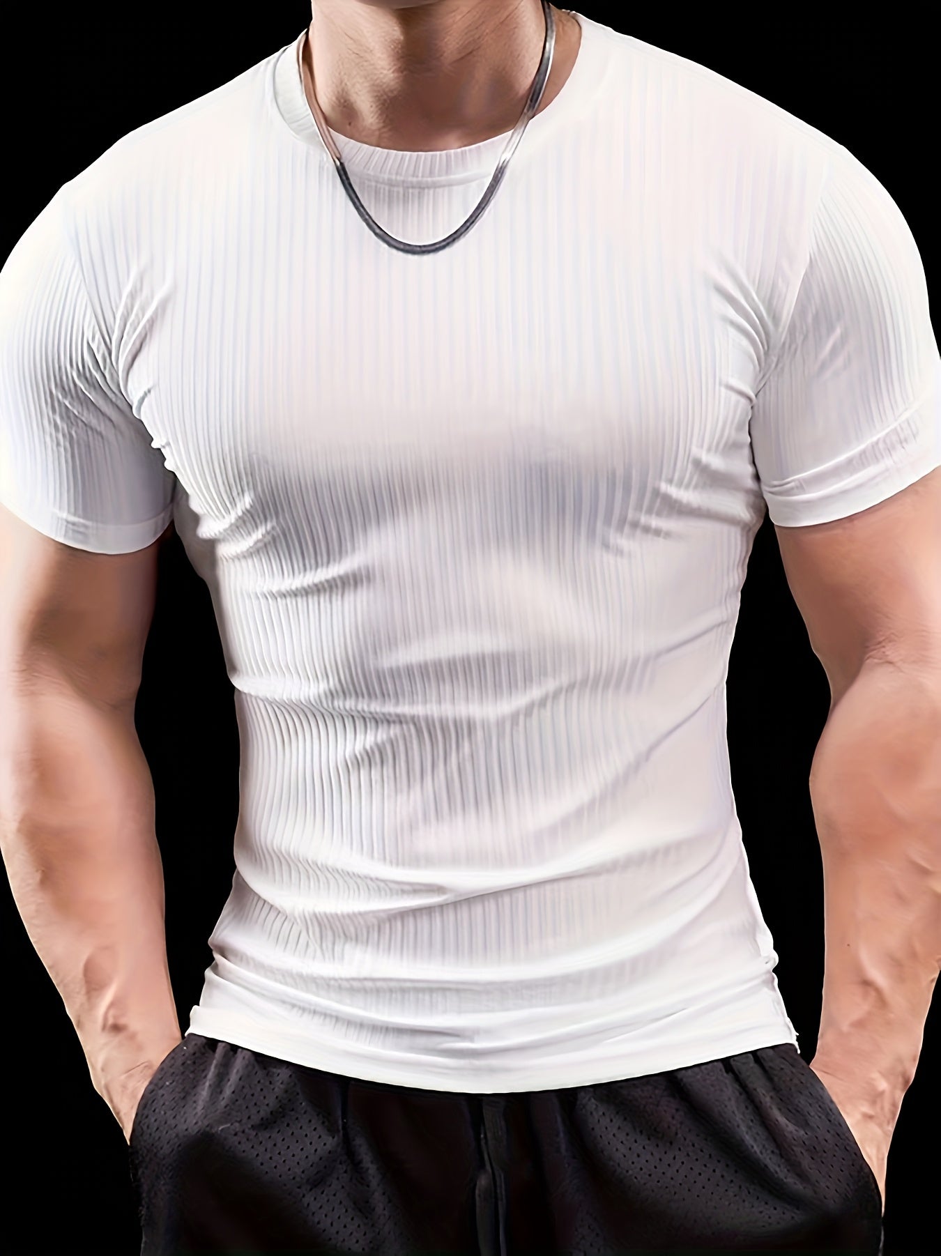 Men's Slim Fit Ribbed Short Sleeve T-Shirt - Stretchy Athletic & Casual Wear, Green, Round Neck, Machine Washable, Muscle-Enhancing Design, Gym Shirts