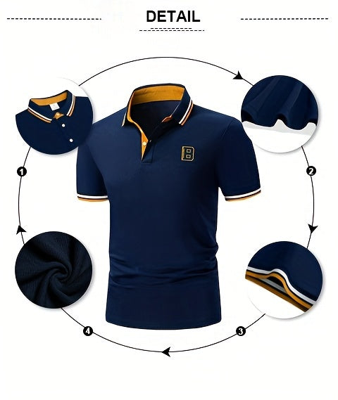Men's Trendy Simple Letter Print Color Block Short Sleeve Button Up Lapel Shirt For Summer Daily, Golf Shirt
