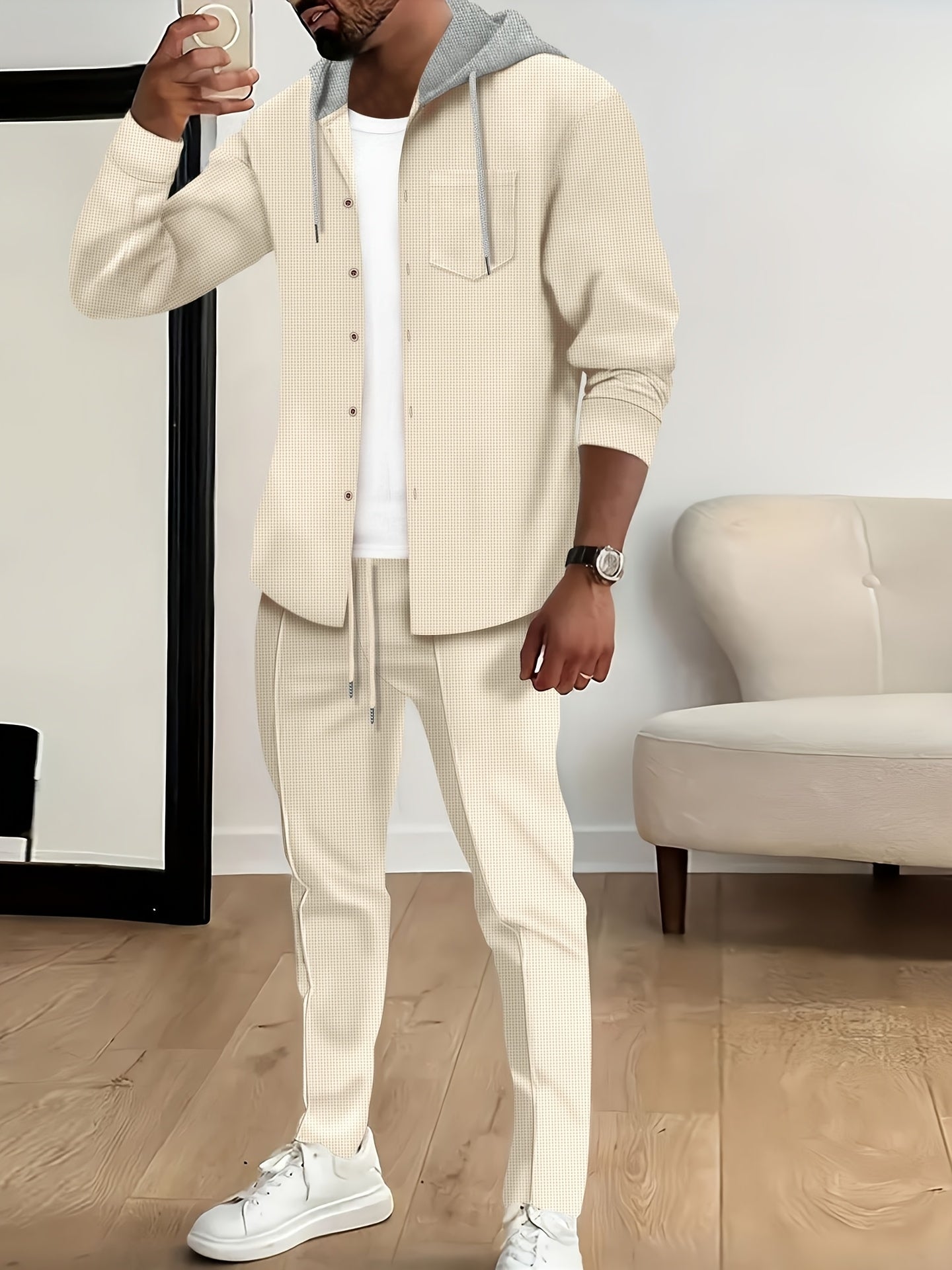 New Long Sleeve Buttoned Hooded Jacket and Rope Pants Set for Spring and Autumn, Waffle Solid Classic Men's Sports 2pcs Sports Suit - Sports Suit for Outdoor Sports Enthusiasts, Breathable and Comfortable