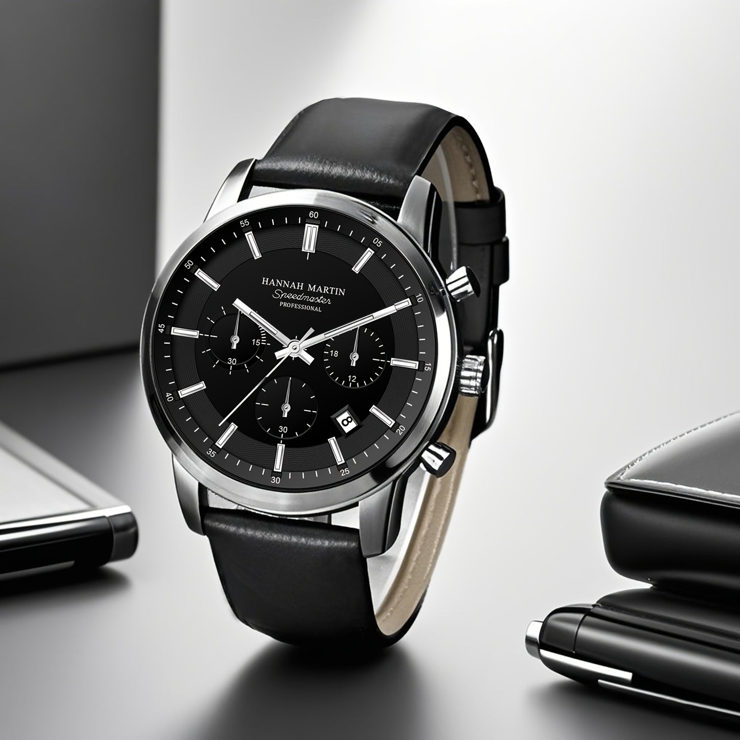 HANNAH MARTIN Men's 2025 Business Chronograph Watch - Black Arabic Numeral & Bar Markers, Date/Second Time Zone, Quartz Movement, Faux Leather Strap, High Quality 30m, Casual & Formal Watch for Casual Attire, Versatile Timepi