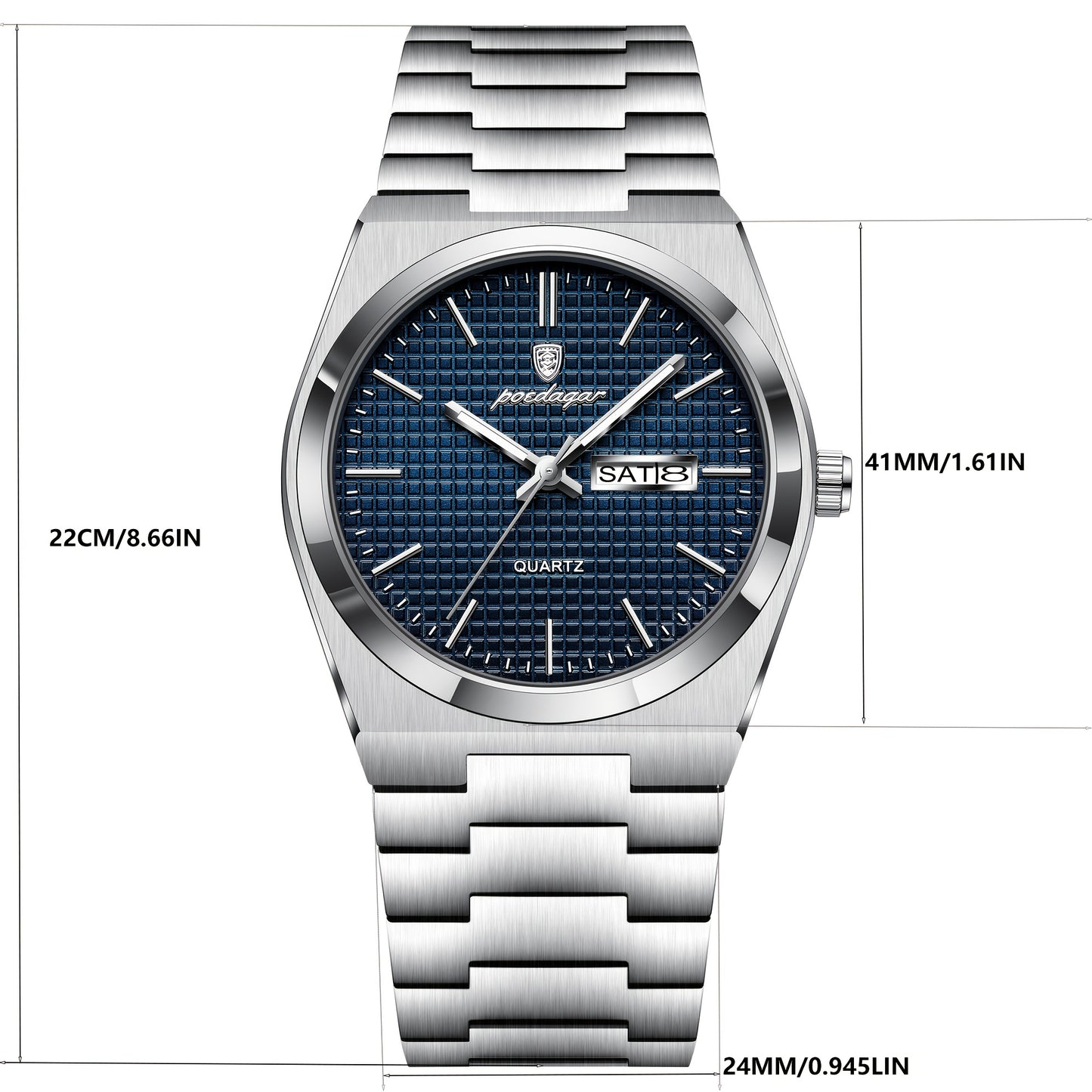 POEDAGAR Elegant Women'S Quartz Watch, Luminous Calendar, Stainless Steel Band, Round Alloy Case, Fashionable Night-Glowing Dial with Blue & Orange Accents