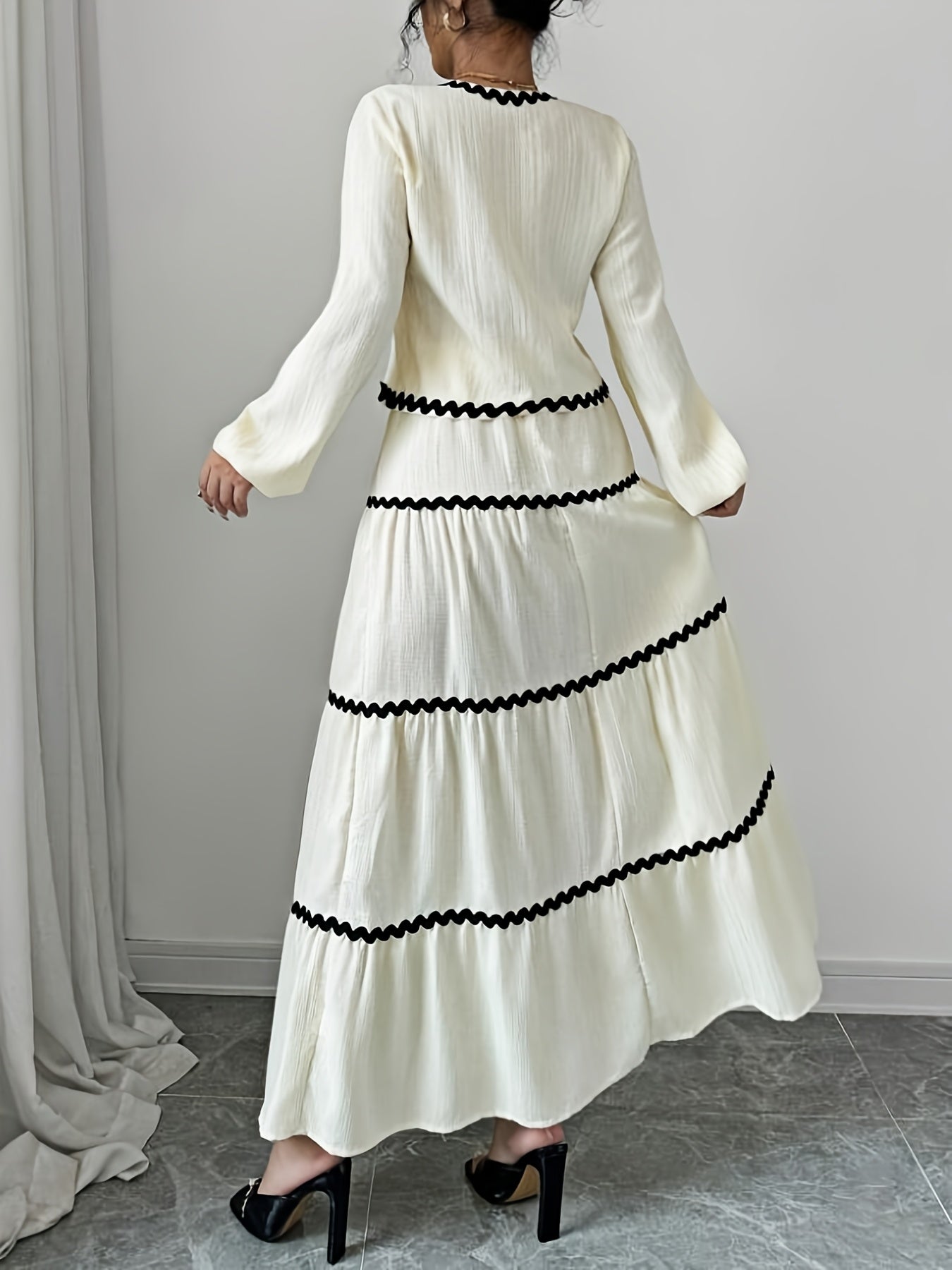 Women'S New Arrival Black and White Ruffled Lace Trim Long Sleeve Shirt with Tie Waist Umbrella Skirt Set, Stylish Elegant Vacation Commute Daily Wear Date Party Two-Piece Outfit Suitable for All Seasons