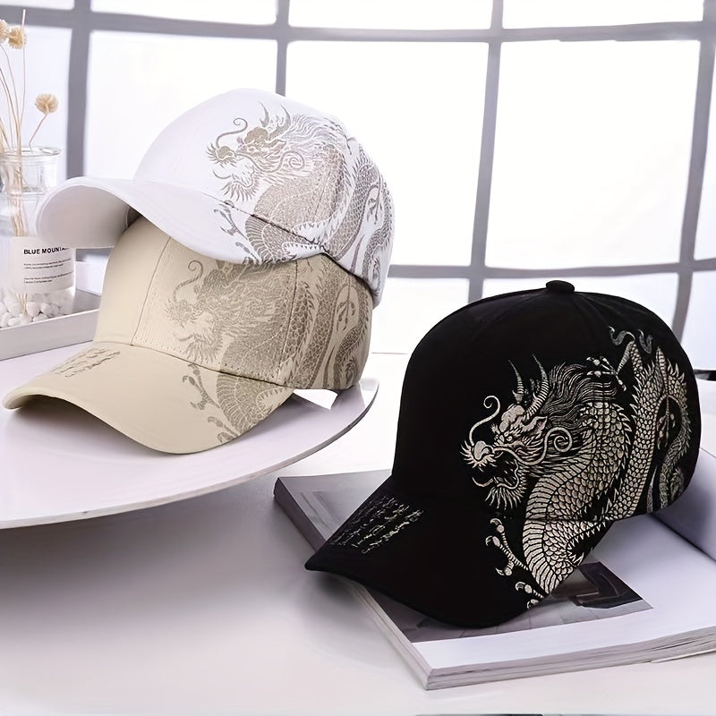 1pc Unisex Sunshade Breathable Adjustable Baseball Cap With Dragon Print For Outdoor Sport, Ideal choice for Gifts