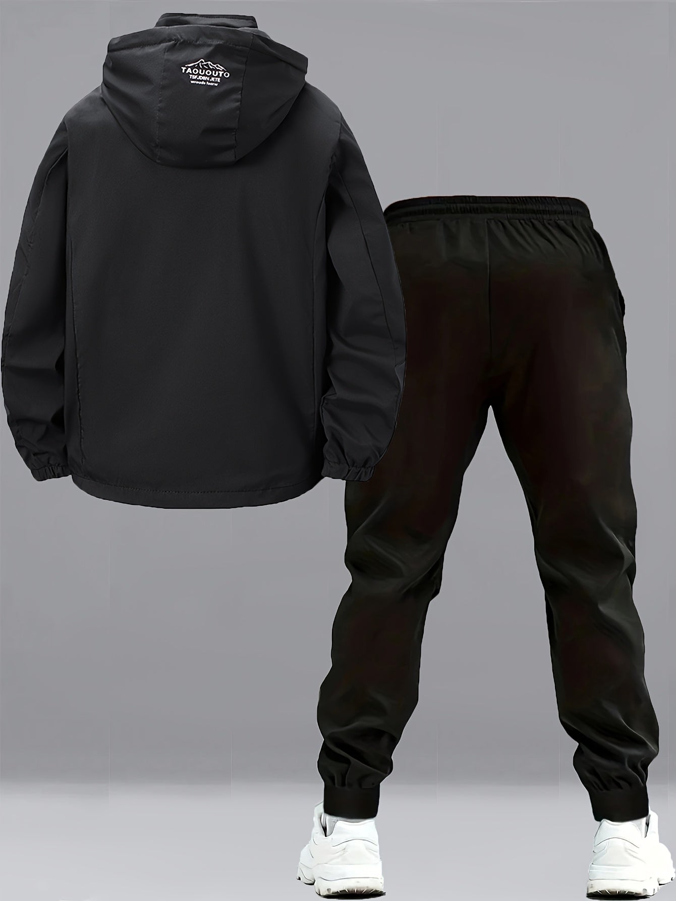 2pcs Men's Sporty Casual Jacket and Stretch Jogger Set, Spring/Autumn Fashion Hooded Jacket with Zipper Pockets, Windproof Outerwear and Black Stretch Joggers, Perfect for Outdoor Activities and Leisure Wear