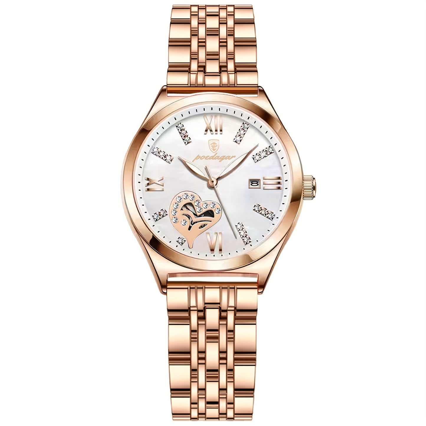 POEDAGAR Elegant Women's Quartz Watch - Rose Golden-Tone Stainless Steel, Luminous Hands & Calendar,, Date Display with Heart Detail
