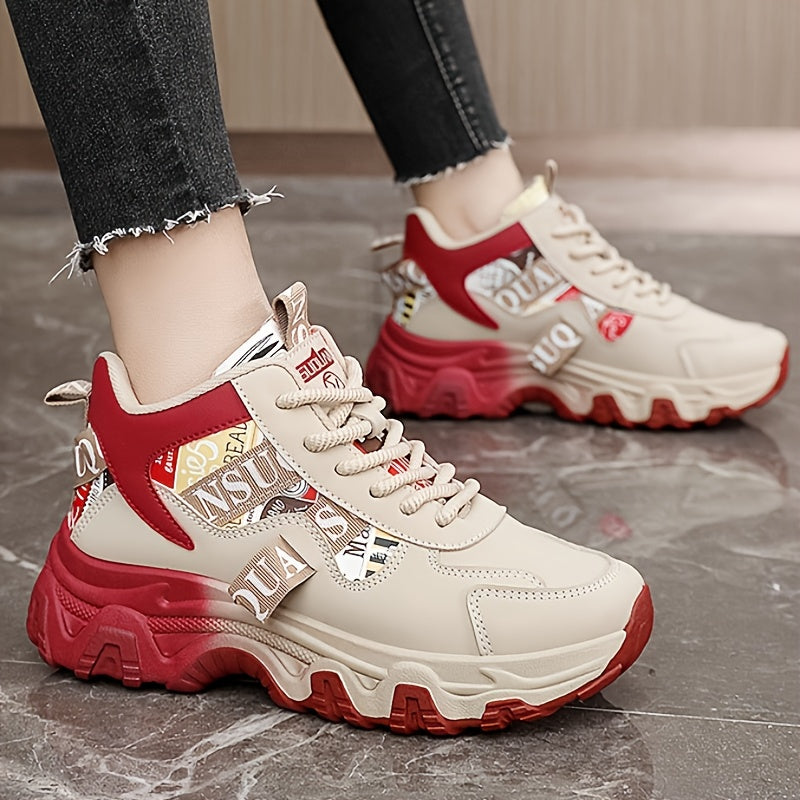 Women's Breathable Lightweight Running Shoes - Trendy Color Block Design with "NO Fear Limits" Print, Casual Athletic Sneakers, Lace-Up Closure, Beige & Red Upper, Rubber Sole, All-Season Wear, Ladies Sneakers, Sporty Lifesty