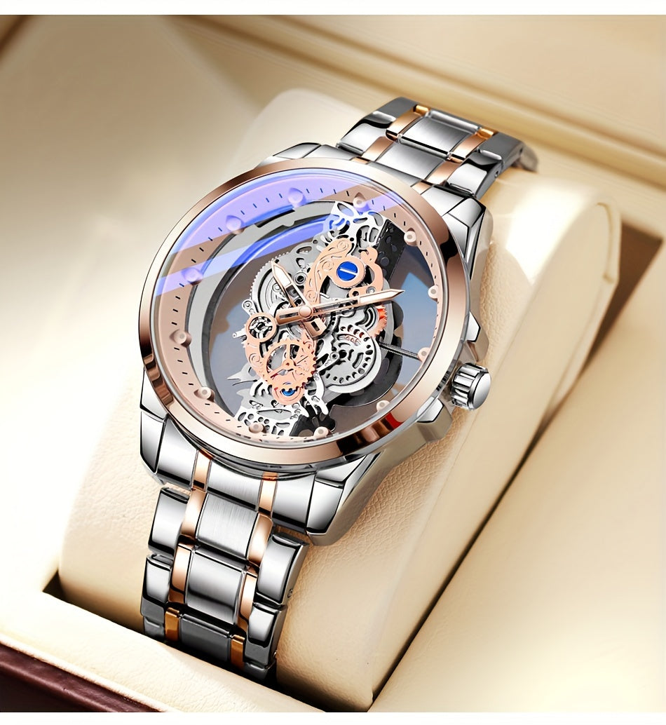TPW Men's Rose Golden Skeleton Luminous Quartz Watch - Glamorous Luxury Wristwatch with Exposed Movement, Comfortable Metal Band, Father's Day Gift for Him, Luxury Men's Watch | Romantic Watch Design | Rose Golden Finish
