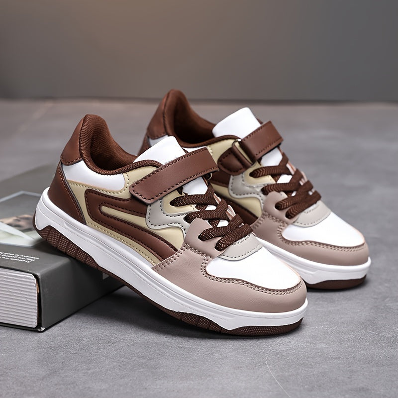 Boys' Stylish Low-Top Sneakers - Lightweight, Breathable Faux Cover with Striped Design, Hook-and-loop Fastener Strap, Perfect for Casual Running & Sports - Brown & White, Running Shoes