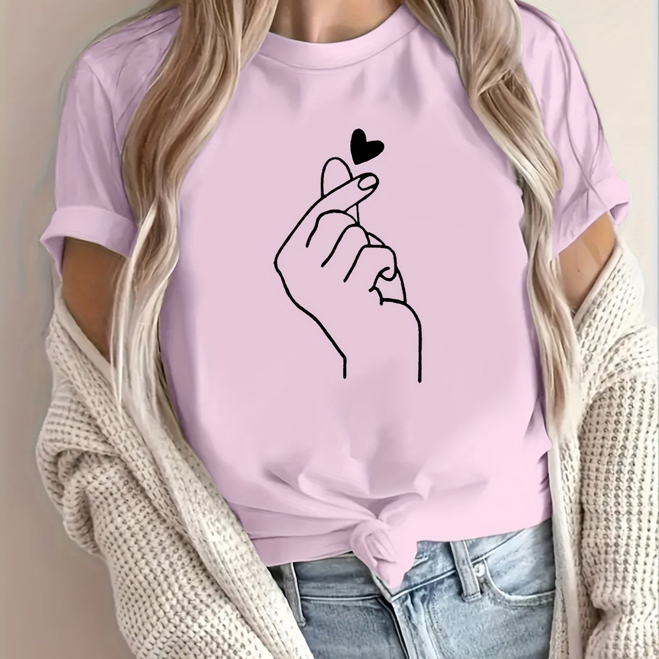 Finger Heart Print T-Shirt, Short Sleeve Crew Neck Casual Top For Summer & Spring, Women's Clothing