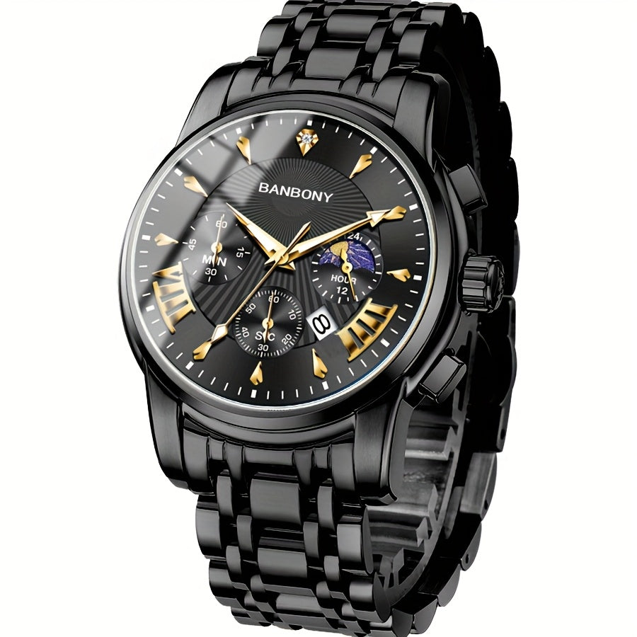 BANBONY Automatic Quartz Watch for Men & Women - Stainless Steel Strap, Blue & Golden HD Large Dial, IPX7 Waterproof, Rhinestone Accents, Date Calendar, Luminous Hands - Casual Fashion Unisex Watch for Birthday Holiday Gifts,