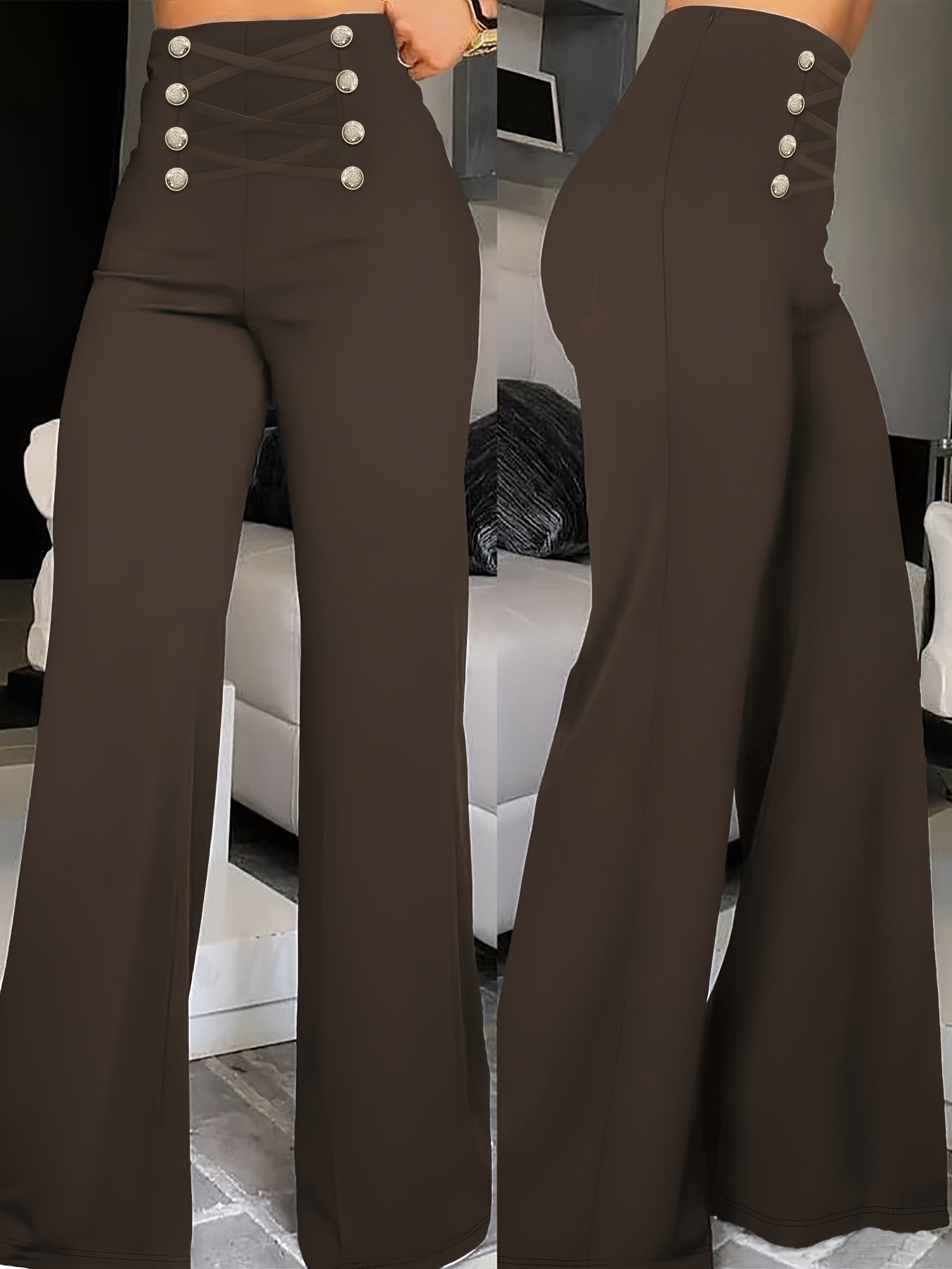 Elegant Double-Breasted Waistband Casual Pants, Solid Color, Polyester, Machine Washable - All Seasons, Queen Style, High-Grade Design