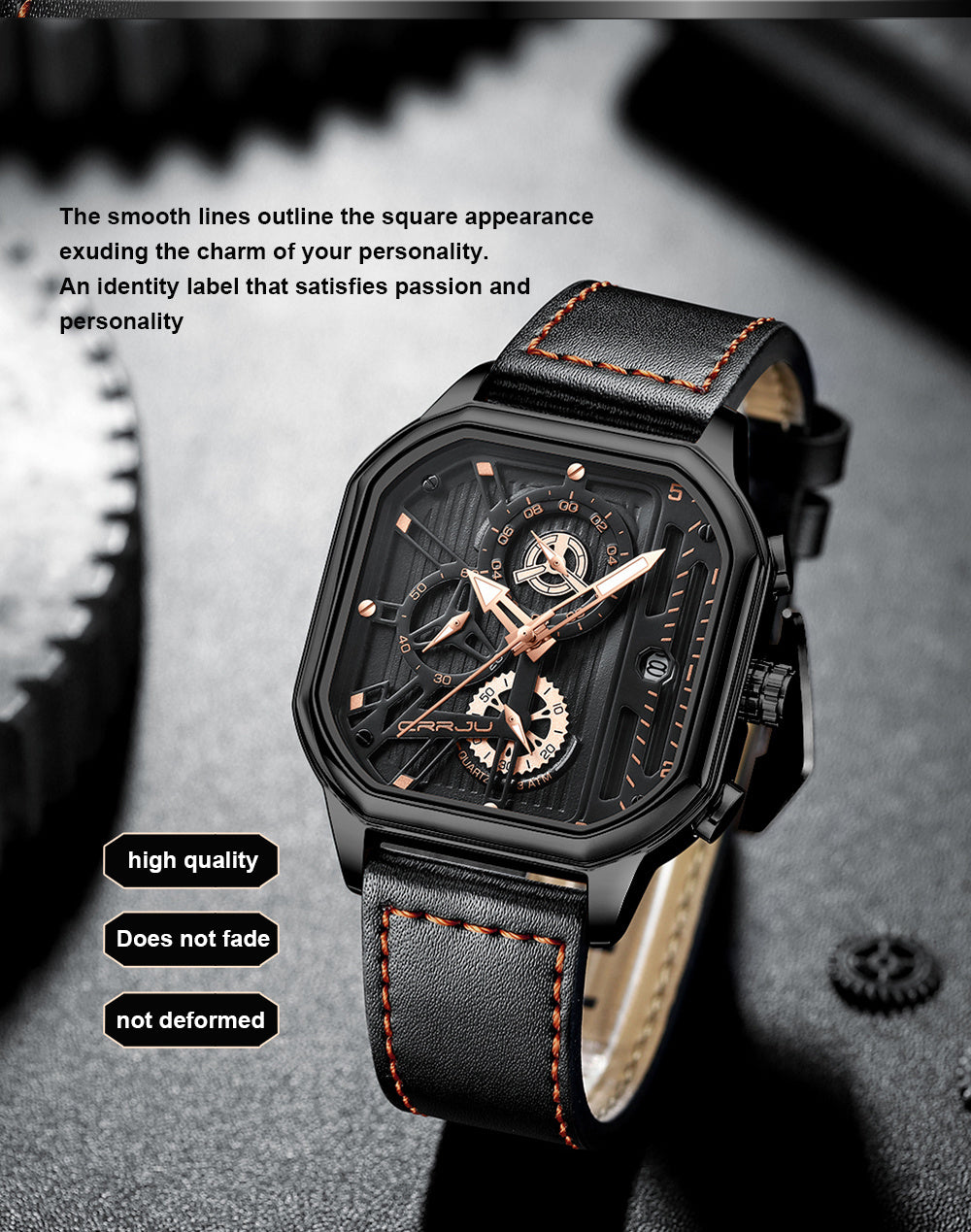 CRRJU Men's Sporty Chronograph Watch with Rose Golden Accents, Quartz Movement, IPX8 High Quality, Black Dial & Brown Faux Leather Strap - Durable Casual & Formal Timepiece
