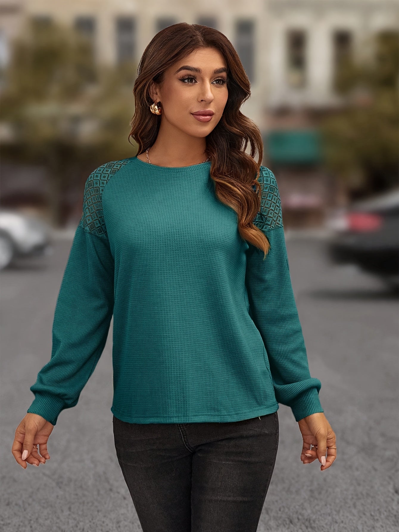 Contrast Lace Crew Neck T-Shirt, Casual Long Sleeve Top For Spring & Fall, Women's Clothing