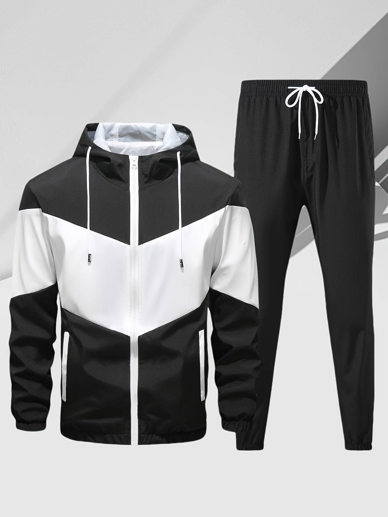 Men's Casual 2-Piece Outfit, Stylish Color Block Zip Up Hooded Jacket, Breathable Solid Color Drawstring Pants
