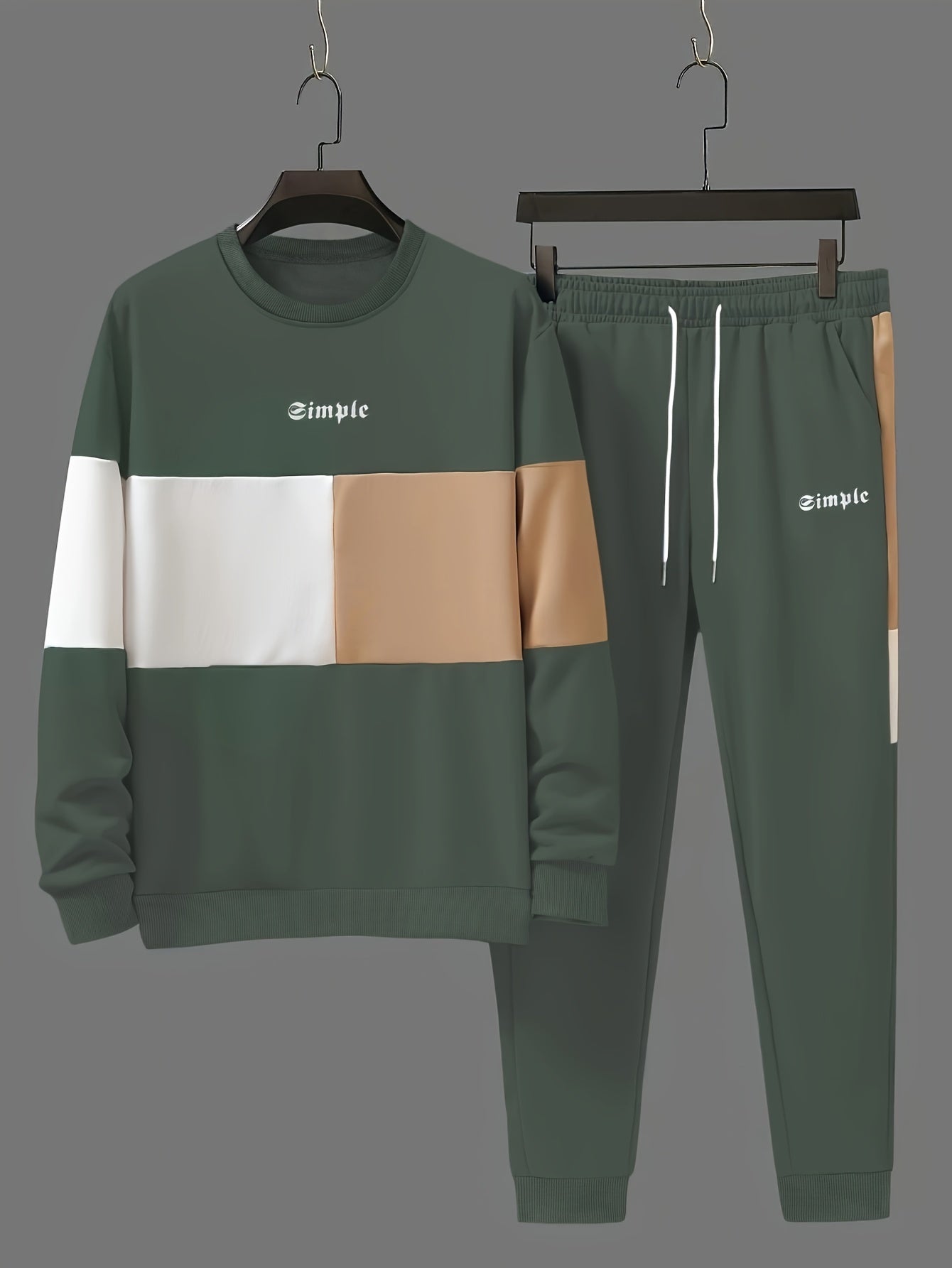 Men's Casual Crew Neck Sweatshirt & Joggers Set - Color Block, Polyester Blend, Machine Washable - Perfect for Spring/Fall, Leisure Style, Conventional Version, Spring/Autumn