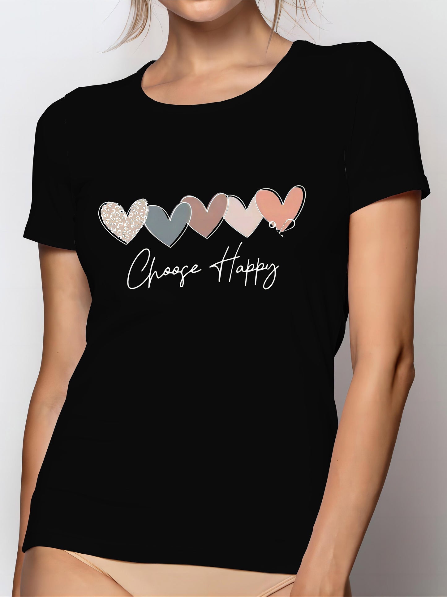 Women's Casual Sport T-Shirt, Round Neck, Heart And Happy Print, Short Sleeve, Soft Knit