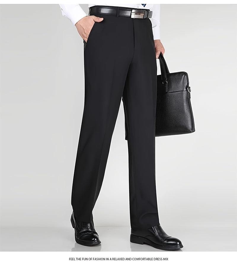 Men's Classic Straight Fit Pants - Lightweight Polyester Blend, High Waist, Button Closure, Suitable for Year-Round Wear