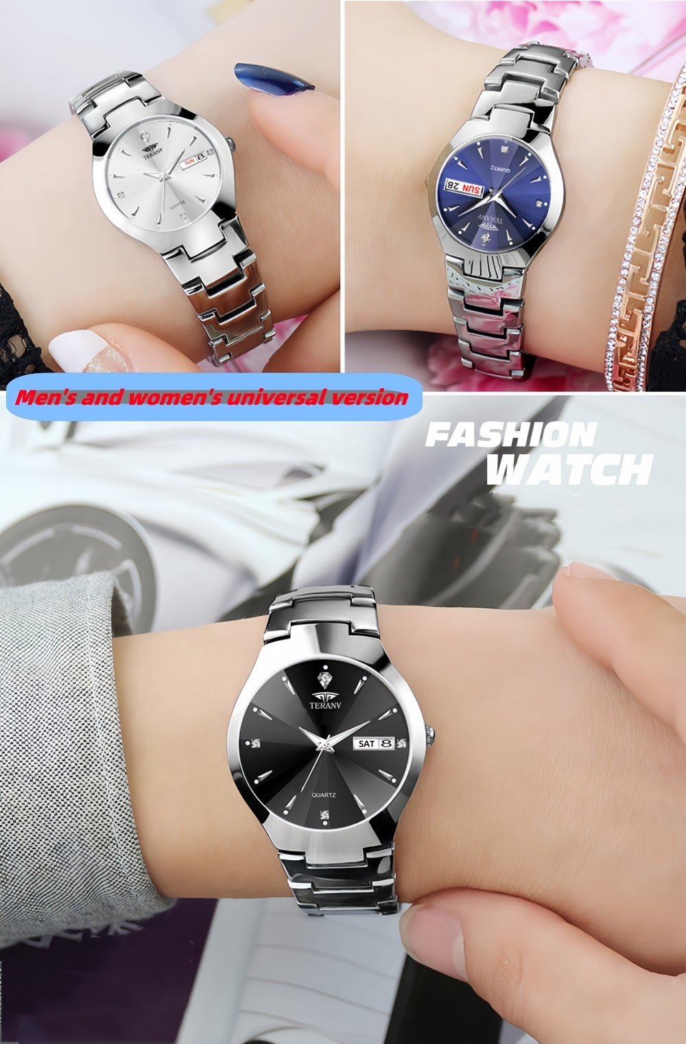 2pcs Couple Watches for Men & Women - Stainless Steel Strap, Rhinestone Accents, Luminous HD Display with Week Calendar, Quartz Movement, Elegant Gift for Valentine's Day, Mother's Day, Father's Day, Special Occasion Watch |