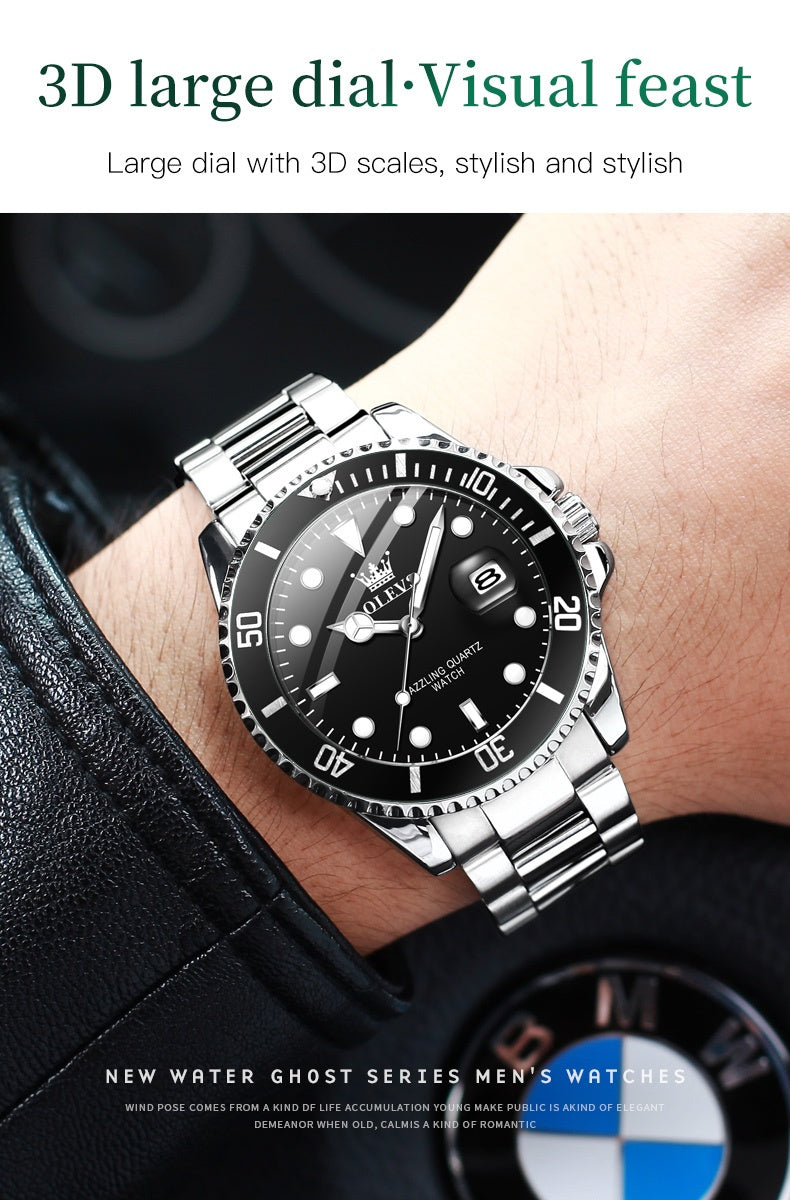 OLEVS Men'S Luxury Quartz Watch - Green Dial, Stainless Steel Band, Luminous Pointer Display, Quartz Movement, Electronic Drive, Zinc Alloy Case, Ideal for Business Casual Wea