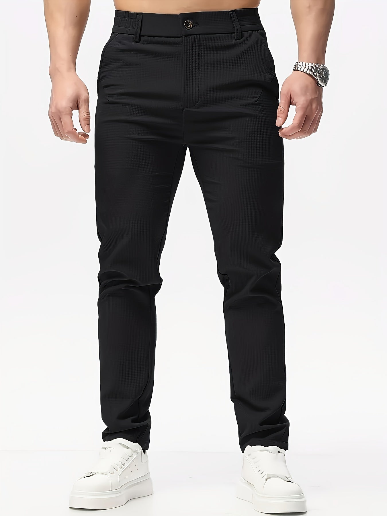 Men's Casual Solid Color Pants - Polyester, Machine Washable, Button Detail, Regular Fit for All Seasons
