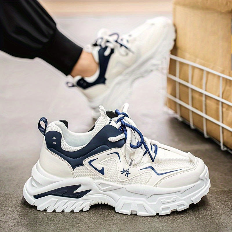 Men'S Breathable Mesh Sneakers with Thick Cushioned Sole - Lightweight Low-Top Lace-Up Shoes for Running, Hiking & Casual Wear, Navy Blue & White Design, All-Season Comfort, Sneakers, Hiking Footwear, Stylish Laceup Shoes, Du