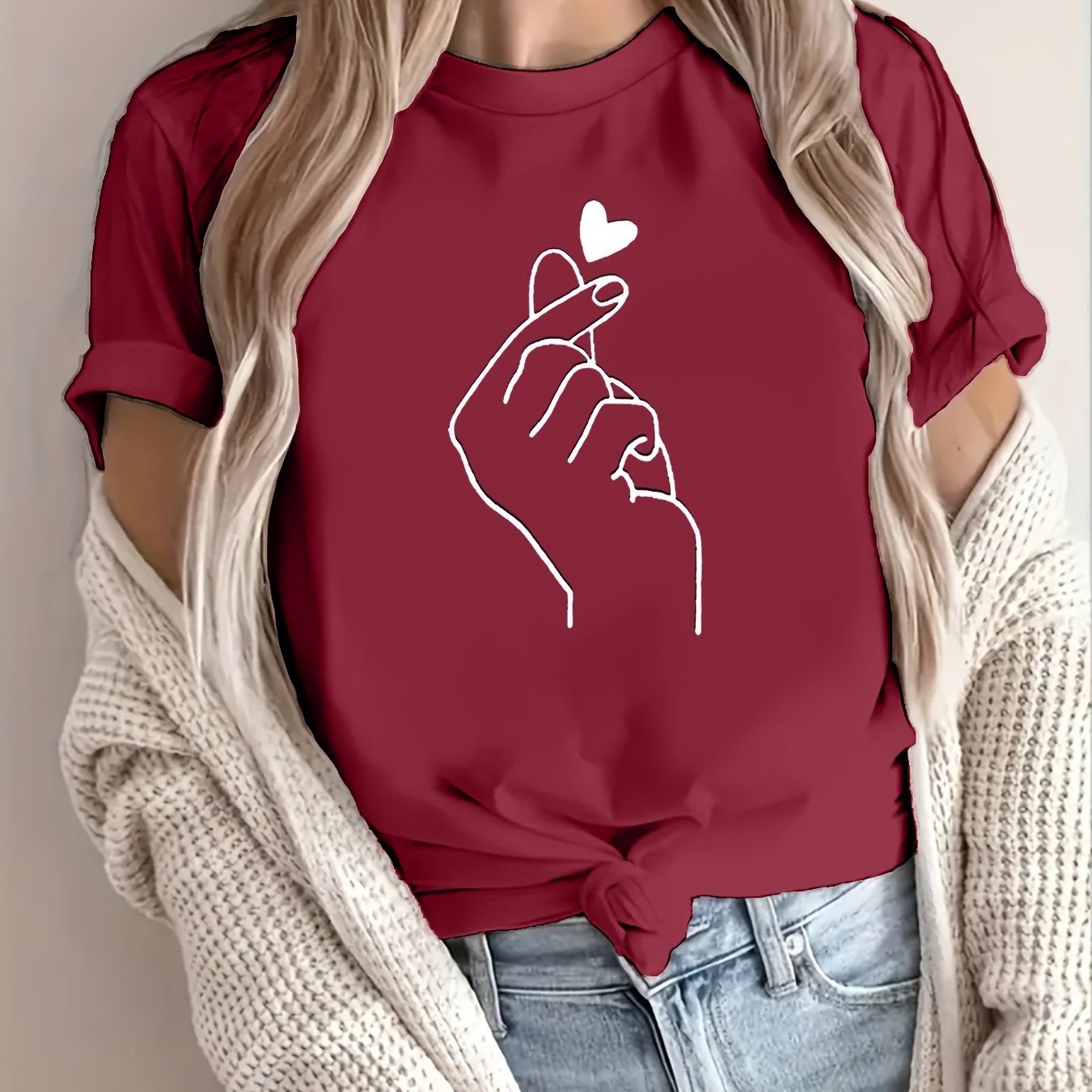 Finger Heart Print T-Shirt, Short Sleeve Crew Neck Casual Top For Summer & Spring, Women's Clothing