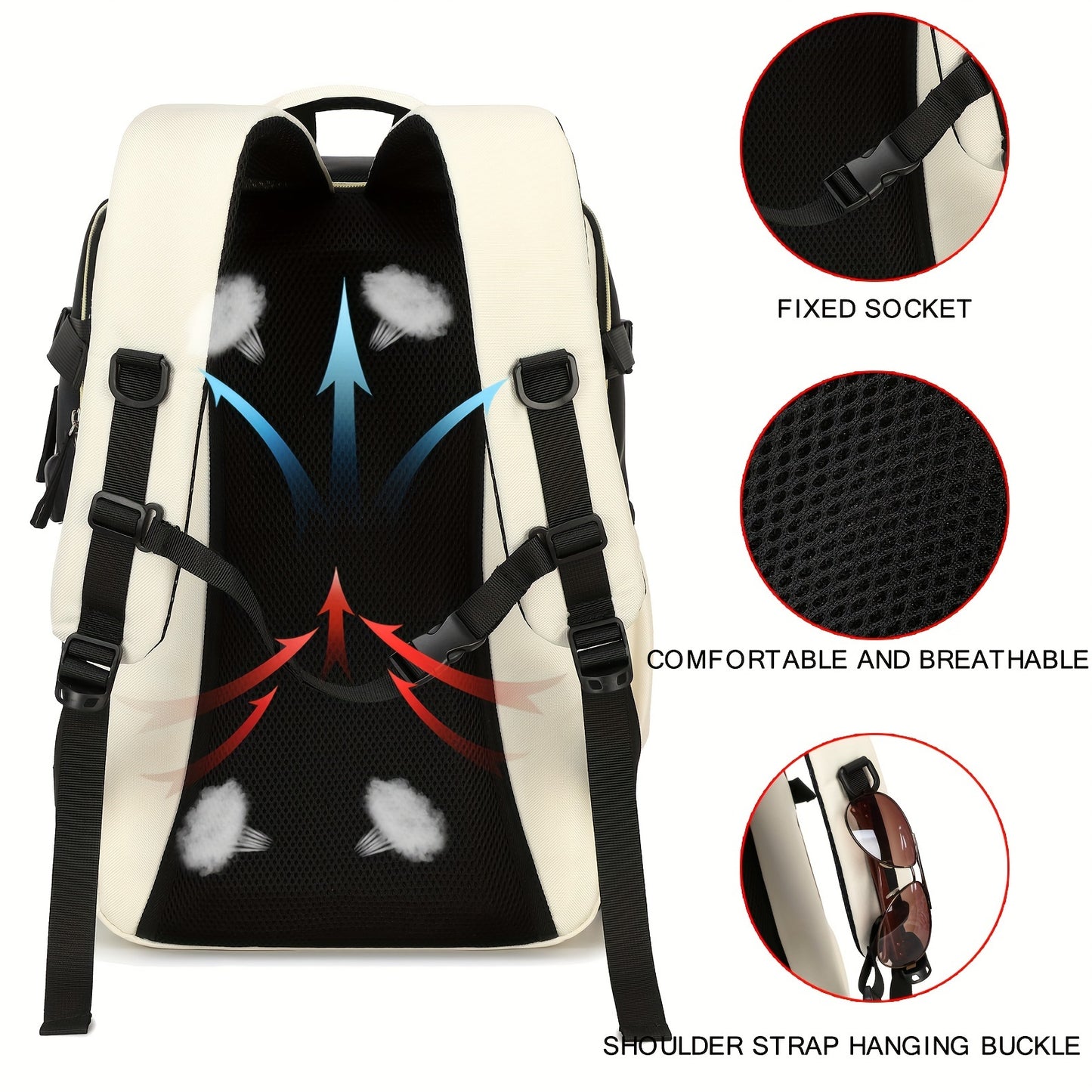 Large Capacity Women'S Travel Backpack with Shoe Compartment, Flight Approved Carry-On, Business Laptop Bag, Polyester Lined, Adjustable Strap, Zipper Closure, Solid White, USB Powered
