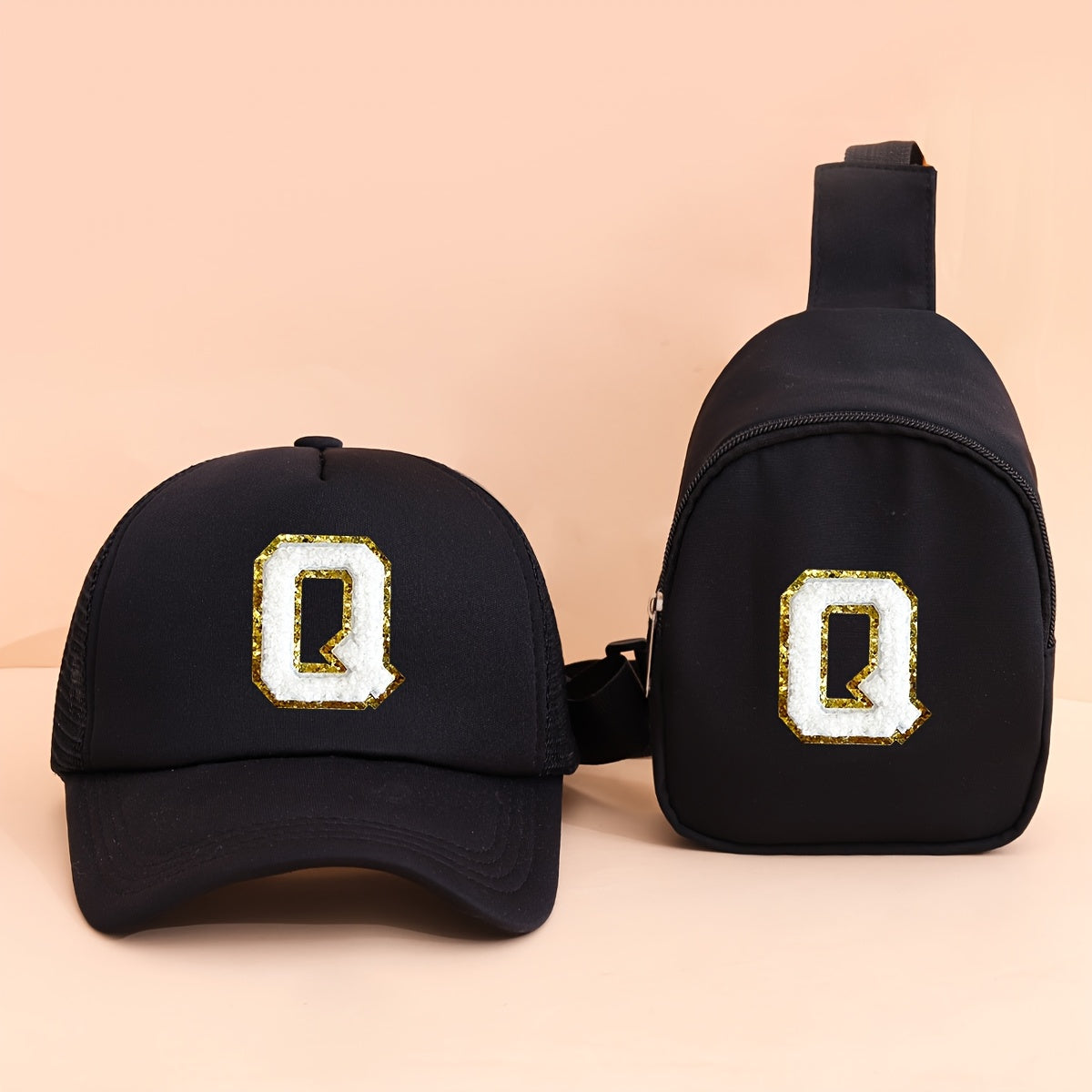 2pcs Kids' Printed Alphabet Pattern Set, Includes 1 Black Stylish Breathable Trucker Hat and 1 Black Crossbody Bag, Lightweight Sun Hat with Small Coin Purse, Suitable for Boys and Girls Aged 5-10 for Daily Outings and Back-t