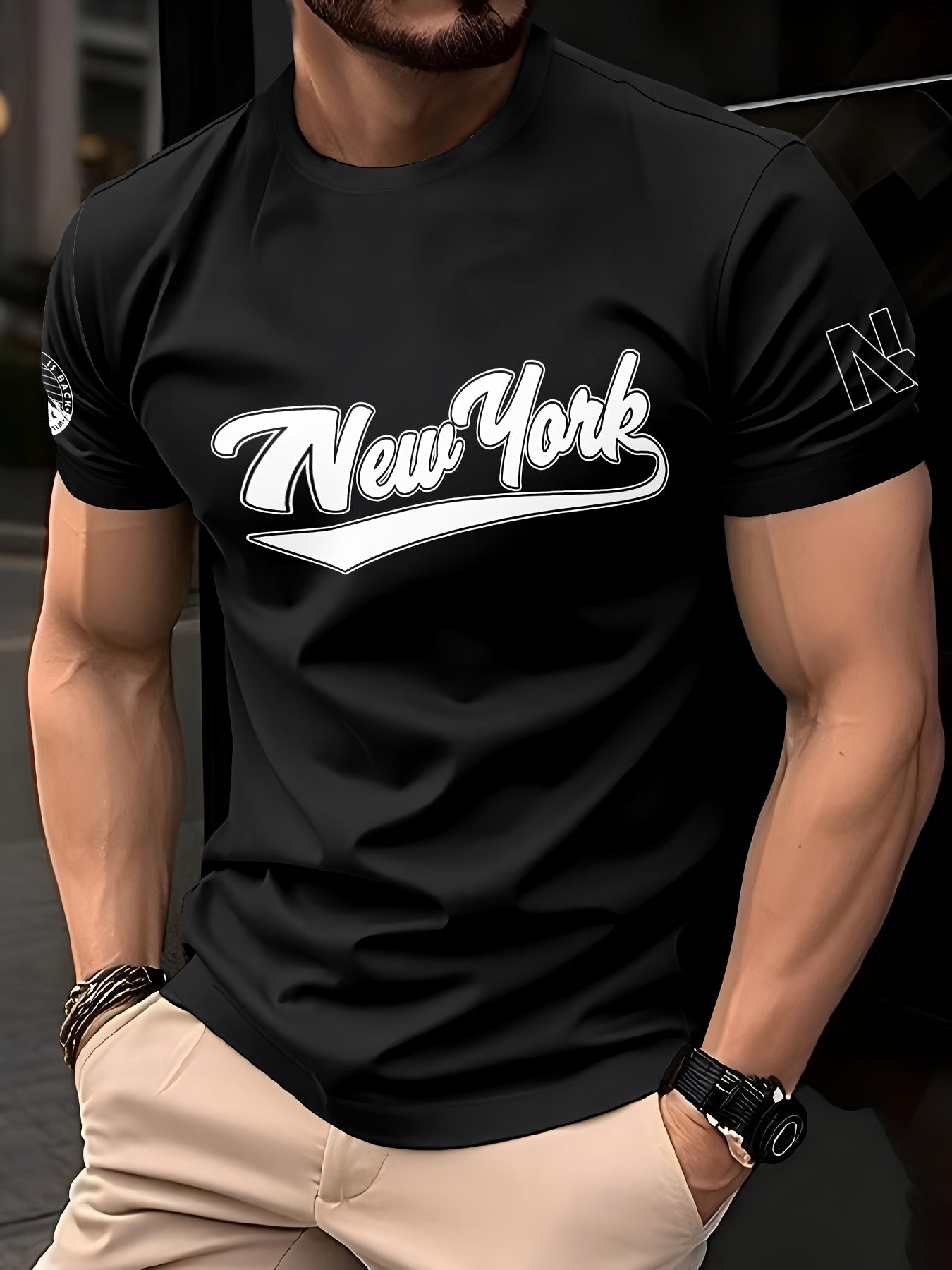 1pc Men's Summer Breathable Quick-Dry T-Shirt - 100% Polyester Moisture-Wicking, Casual Short Sleeve Round Neck Tee with New York Graphic Print for Outdoor Sports & Casual Attire