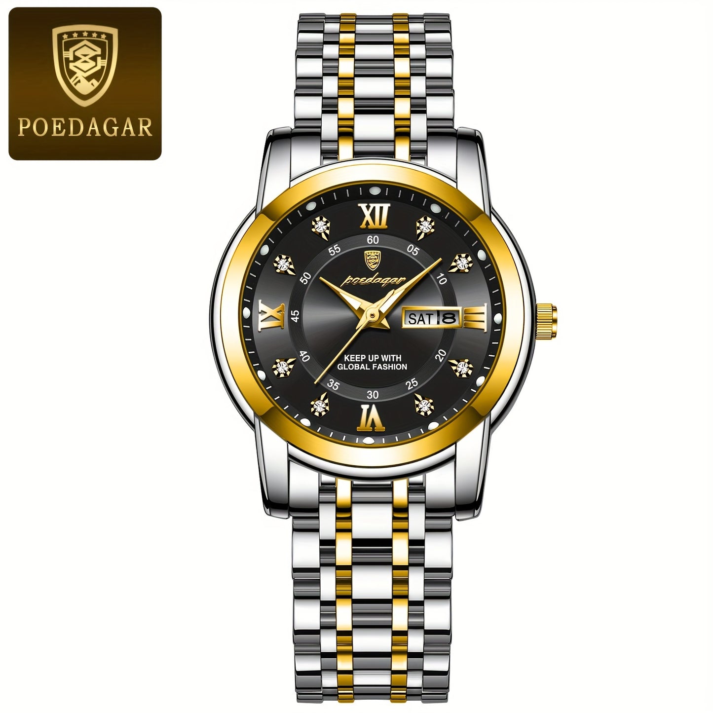 POEDAGAR Elegant Stainless Steel Quartz Watch for Women, Luminous Calendar, Round Alloy Case, Trendy Korean Style, Non-Rechargeable Battery, Watch Accessories