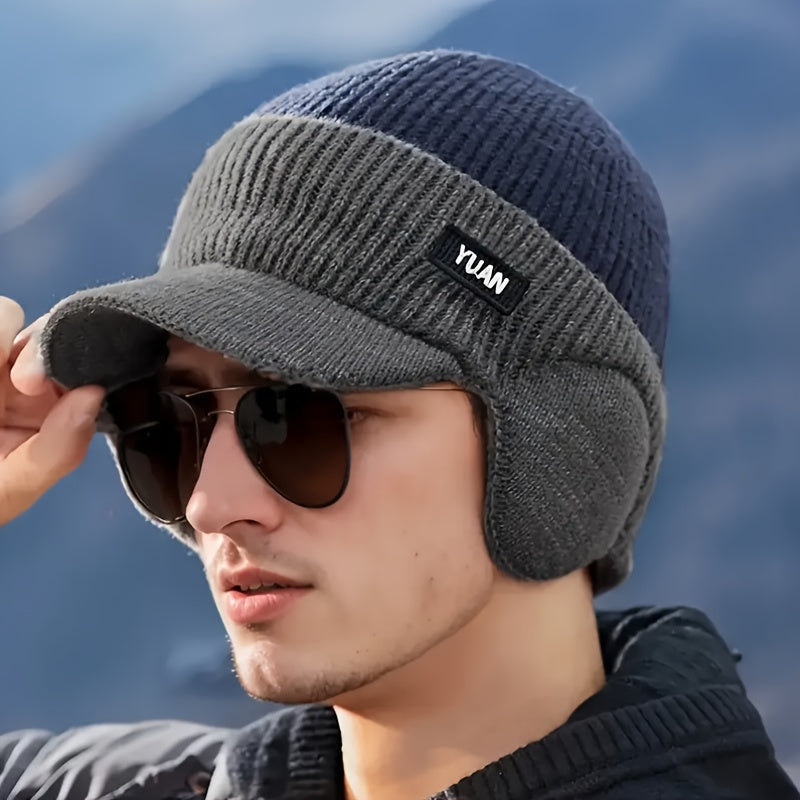 Men'S Winter Ear-Protecting Knitted Cap with Fleece, Warm Duckbill Hat for Outdoor Youth Cycling in a Color-Block Design.