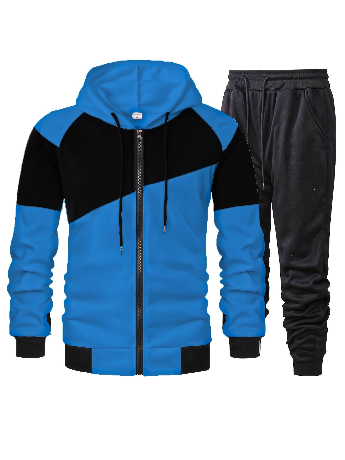 Elson OBM Men's Autumn and Winter Sportswear Set, Men's Color Block Long Sleeve Hooded Zip-Up Jacket with Solid Drawstring Joggers Outdoor and Sports Outfit... Top Bottoms Set