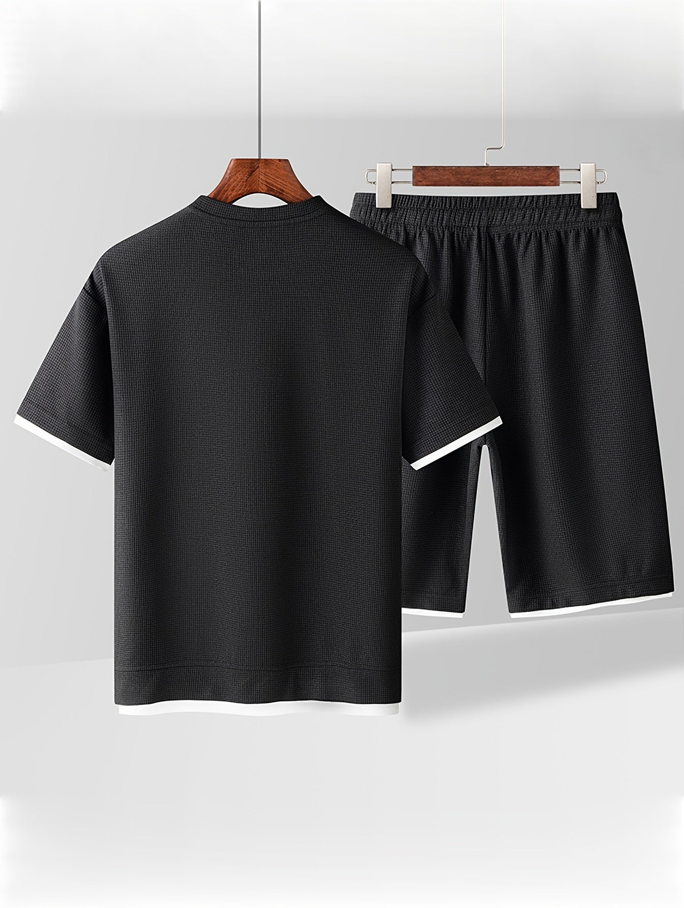 Waffle short-sleeved T-shirt Men's casual sports suit summer loose fake two-piece half-sleeve T-shirt set
