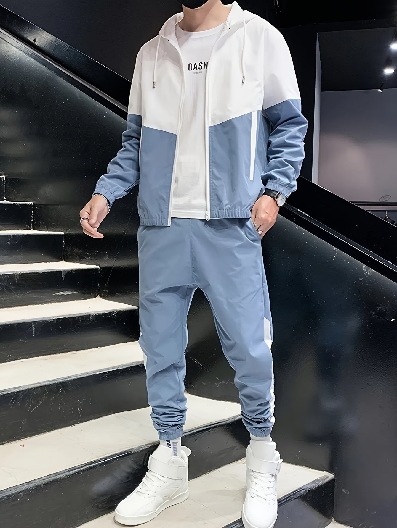 Men's Casual Athletic Hoodie and Pants Set - Color Block Design, Polyester, Machine Washable, Spring/Fall Sportswear, Blue & White Two-Piece Outfit, Everyday Activewear|Modern Athletic Look|Polyester Sportswear