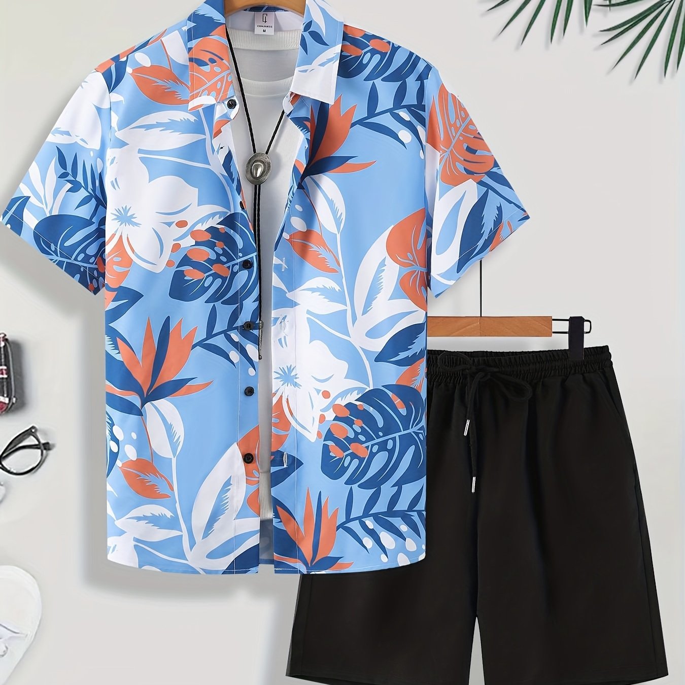 Men'S Tropical Palm Leaf Print Short Sleeve Shirt & Solid Black Shorts Set - Casual Summer Outfit with Drawstring Waist, Non-Stretch Fabric, Perfect for Beach or Vacation, Beach Attire | Tropical Print Shirt | Nonstretch Fabr