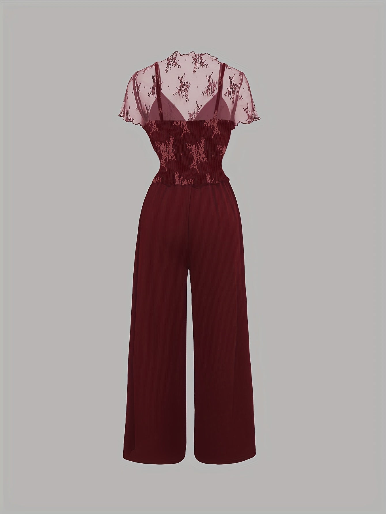 Elegant Mesh Long Sleeve Crop Top & Bodycon Wide-Leg Jumpsuit Set - Chic V-Neck, Ruched Detail, Black Mesh Blouse with Spaghetti Straps, Wide Leg Pants for Spring/Summer, Women'S Fashion, Clothing | Relaxed Fit | Chic Desig