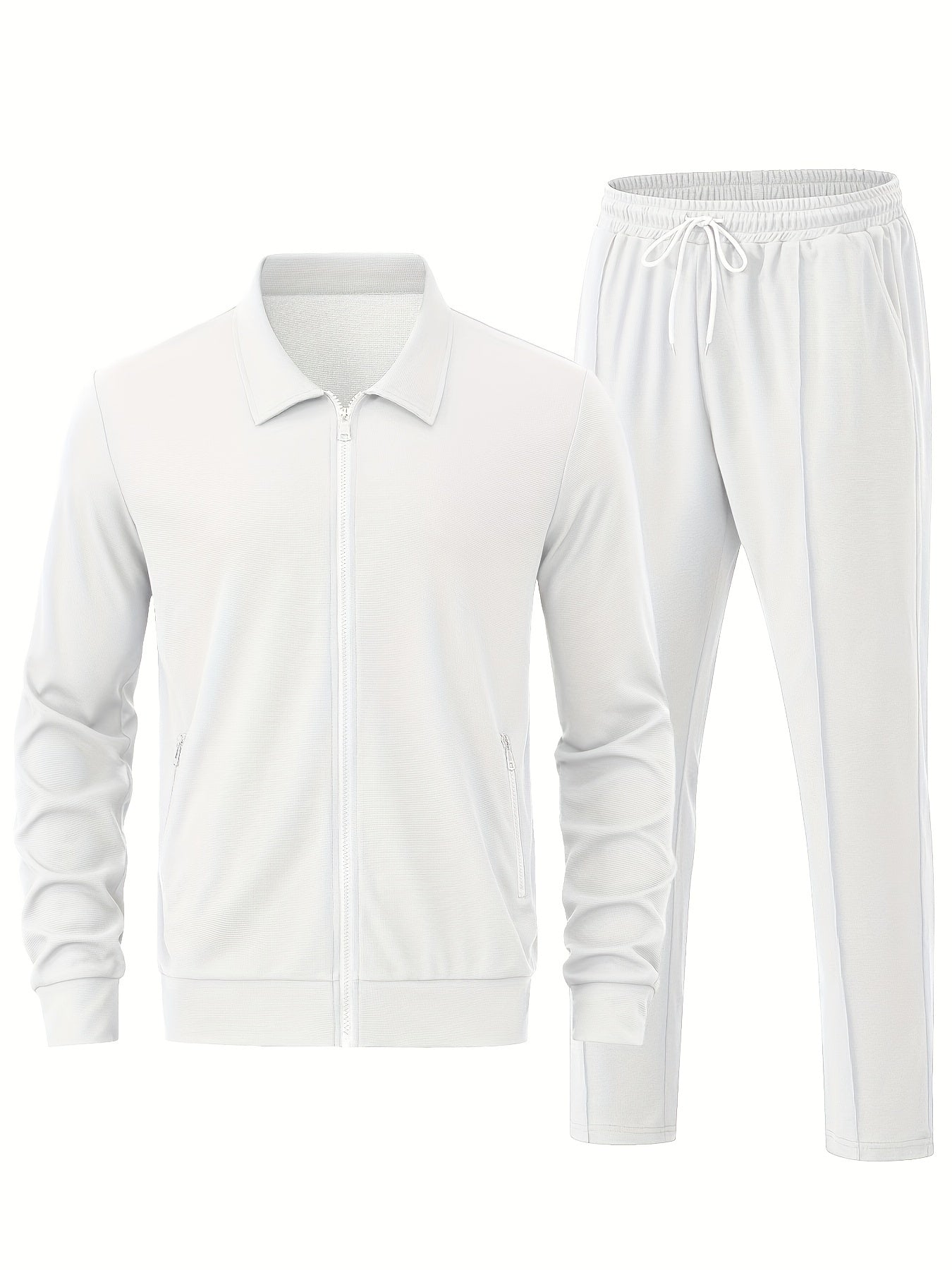 Men's Solid Waffle 2pcs Athletic Outfits, Zip-up Jacket & Pants co ord set for Outdoor Sports