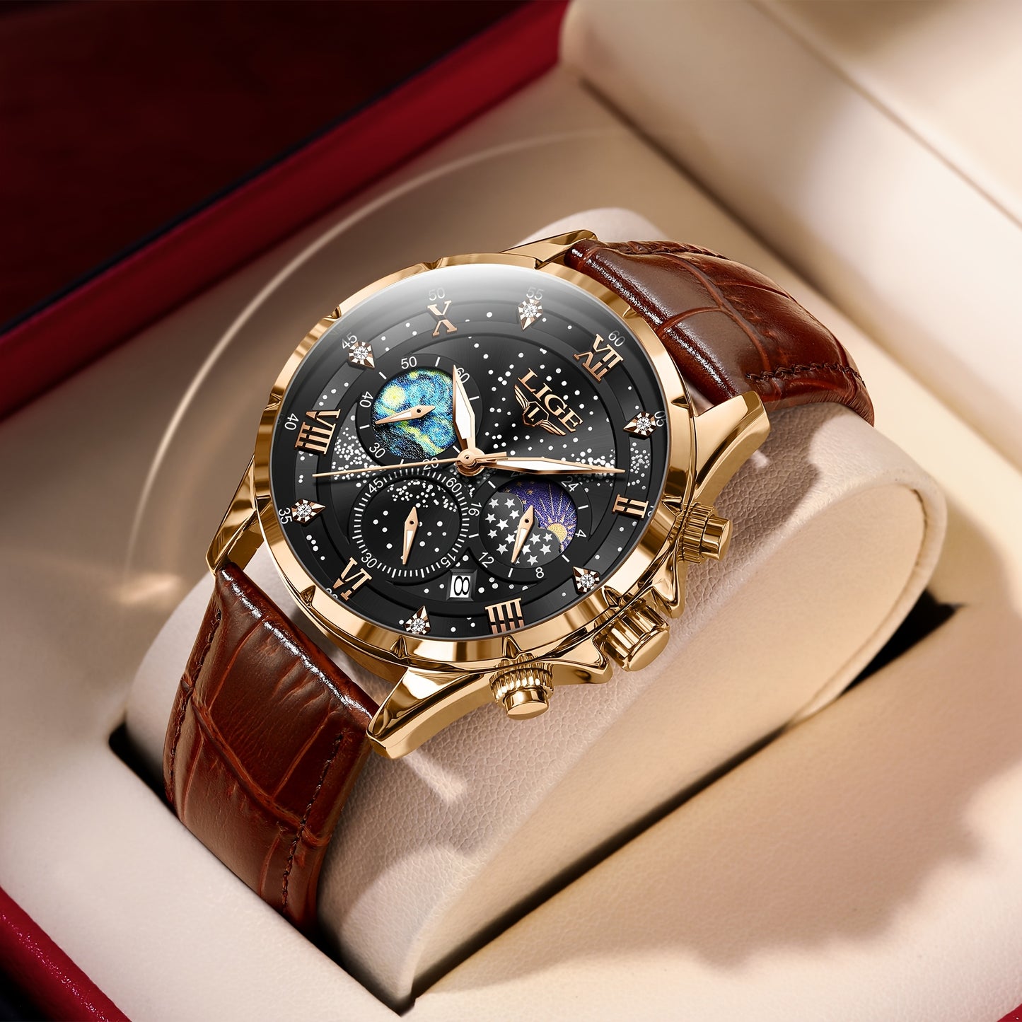 LIGE Luxury Quartz Chronograph Watch with Luminous Hands - Elegant Round Alloy Case, Blue Dial with Roman Numerals, Starry Night Design, Button Battery, Faux Leather Strap, Stylish Accessory|Starry Night Design|Luminous Hands