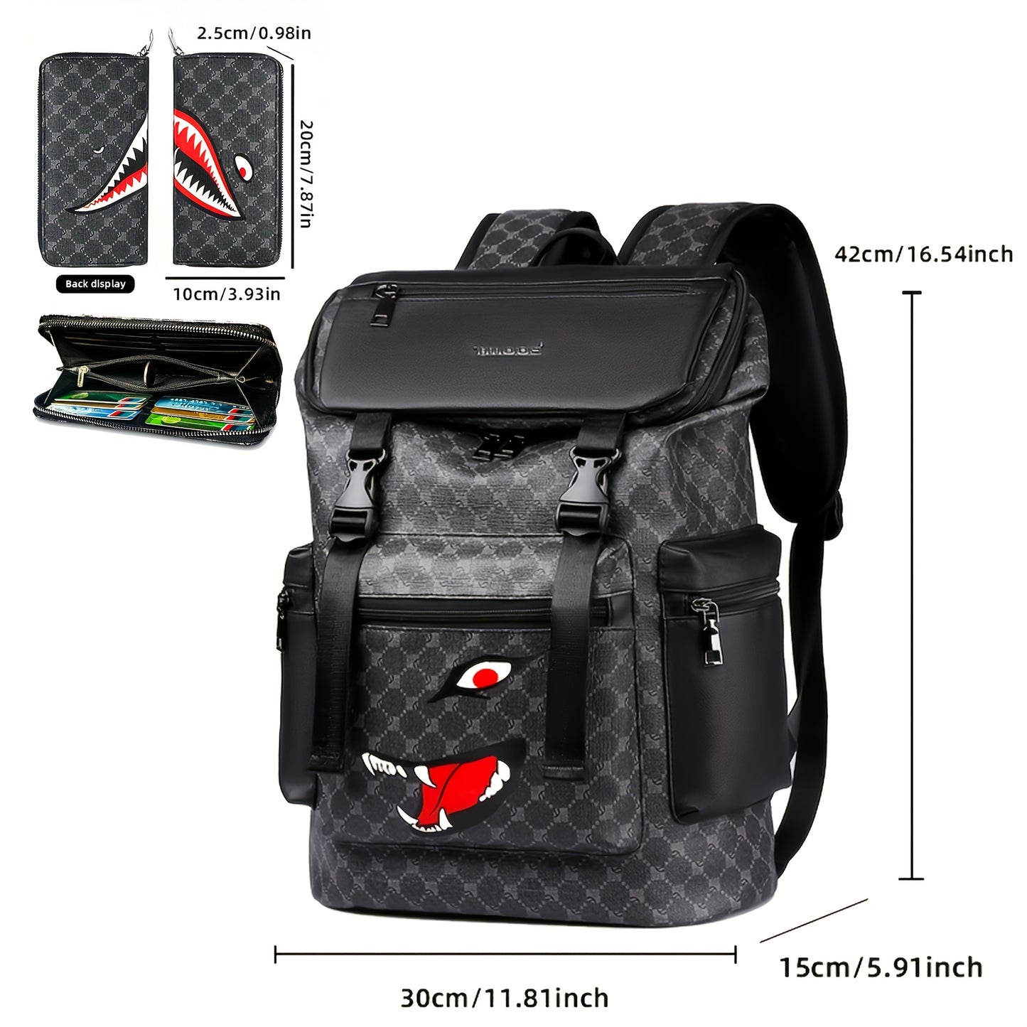 Men'S Stylish Black Backpack with Shark Graphic - Lightweight, Large Capacity, Multi-Functional Shoulder Bag for Travel, Commuting, School - Durable PVC Material, Sports & Fitness Design, Backpack for Travel