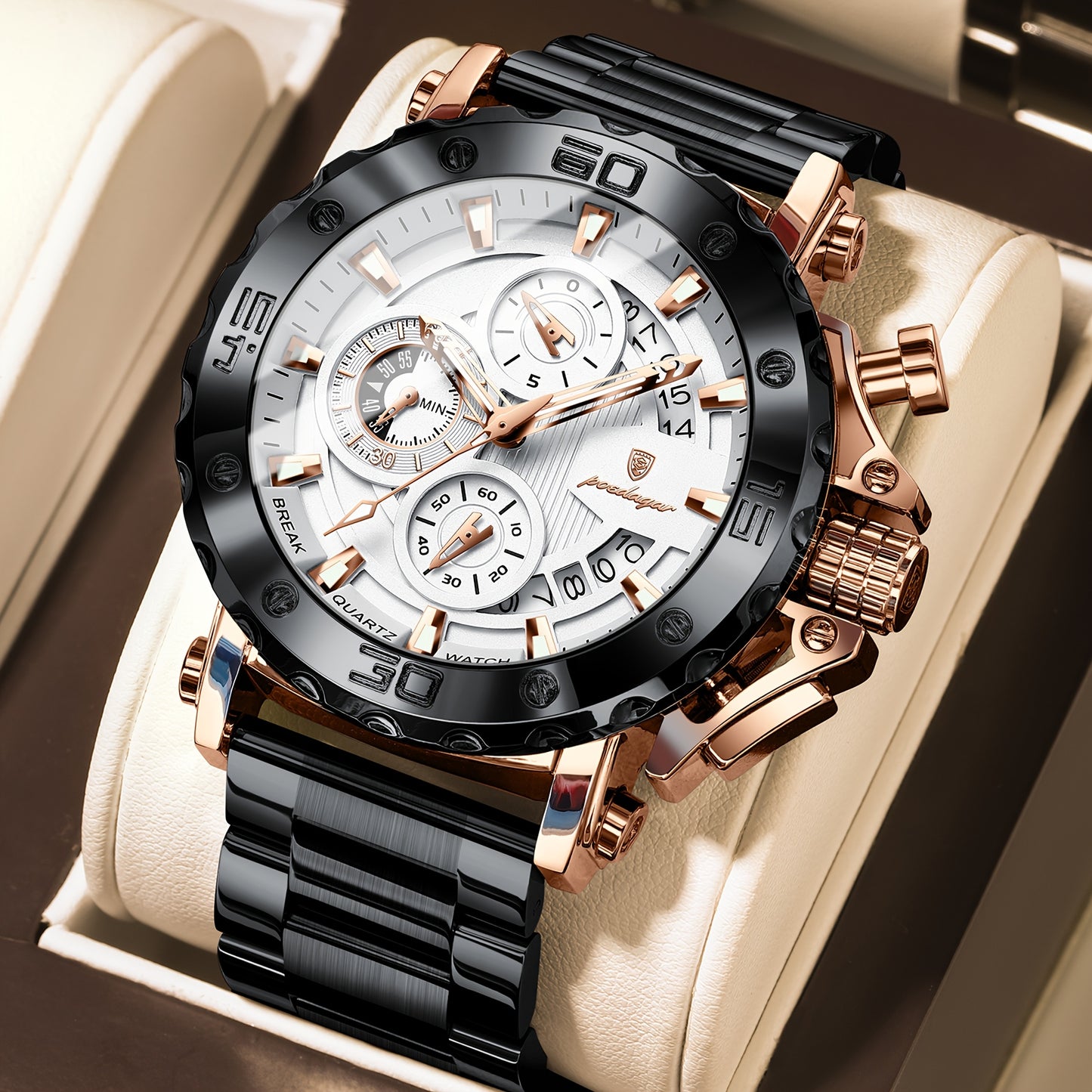 POEDAGAR Men'S Luxury Stainless Steel Business Watch with Date Display, 3ATM Blue Dial, Rotating Bezel, Alloy Case, Quartz Movement - Elegant Formal Accessory, Formal Accessory|Luxurious Watch|Quartz Movement Watch